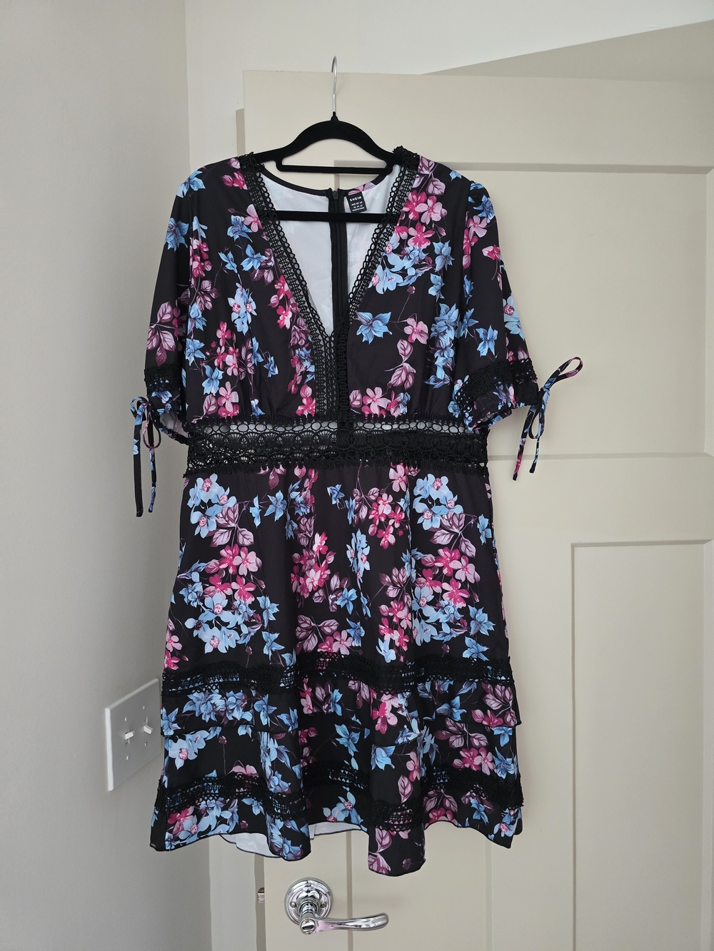 SHEIN Black Dress with Pink & Blue Floral Print and Lace Trim